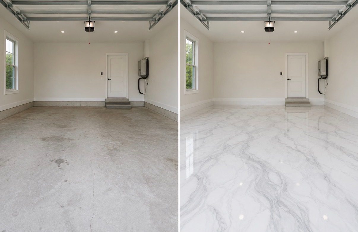 Before and after of the same garage: dull cracked bare concrete on the left, a glossy white and gray marble-look metallic epoxy floor on the right